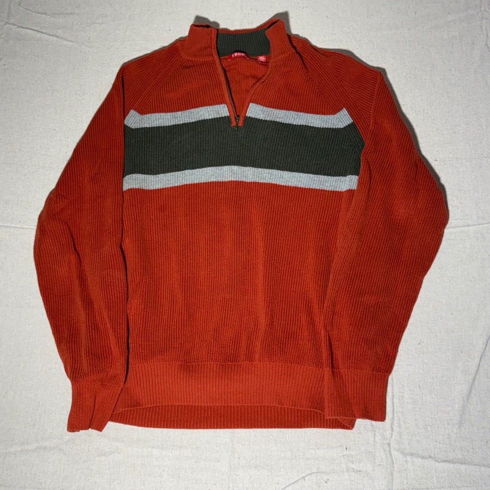 IZOD Mens Quarter Zip Sweater Orange Striped Ribbed Knit Pullover Large